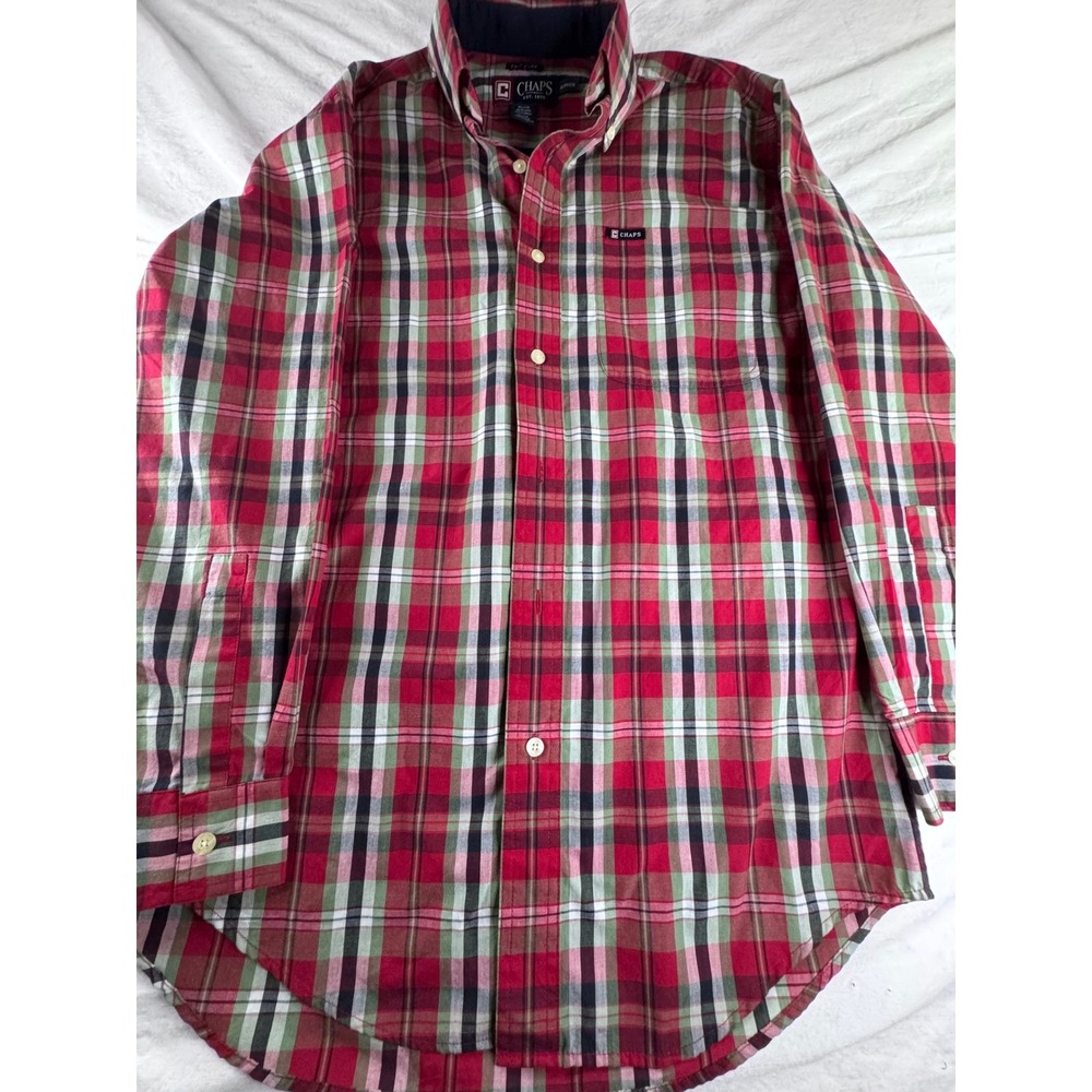 Chaps Shirt Mens Small Red Black Plaid Long Sleeve Button Down Easy Care Cotton